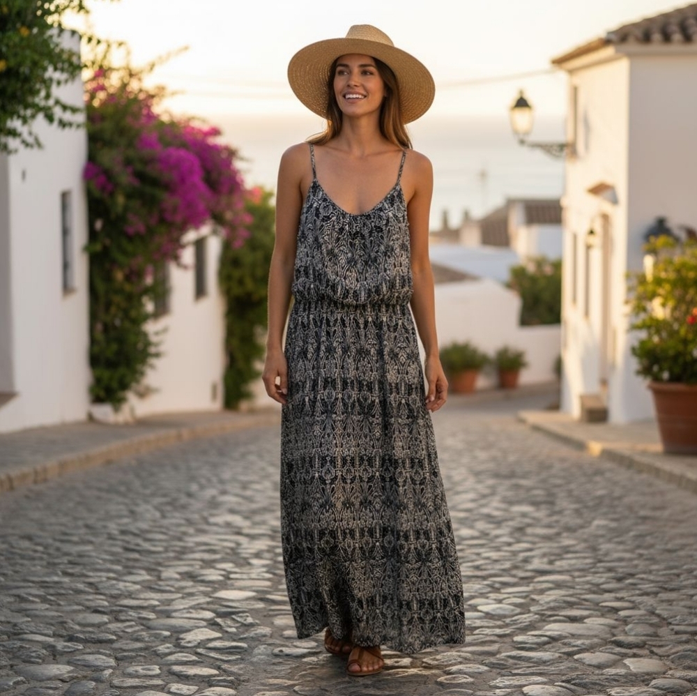 Love Luscious Spaghetti Straps Elastic Waist Maxi Dress XL Black & Beige